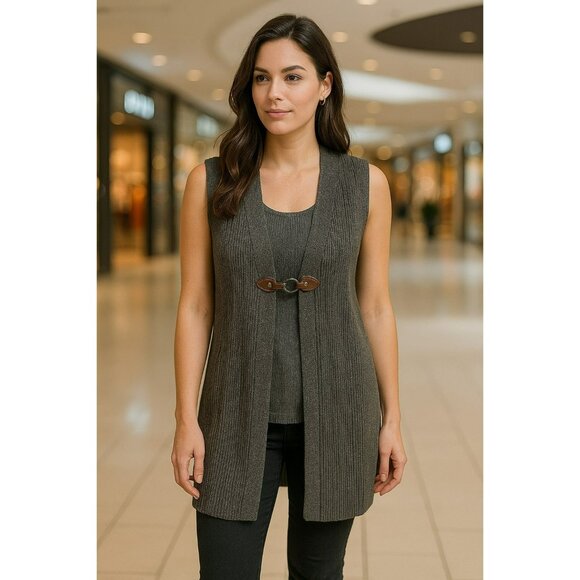 Saint James Ribbed Wool Knitted Vest Cardigan Women Sz MED Gray Made in FRANCE - Picture 1 of 9